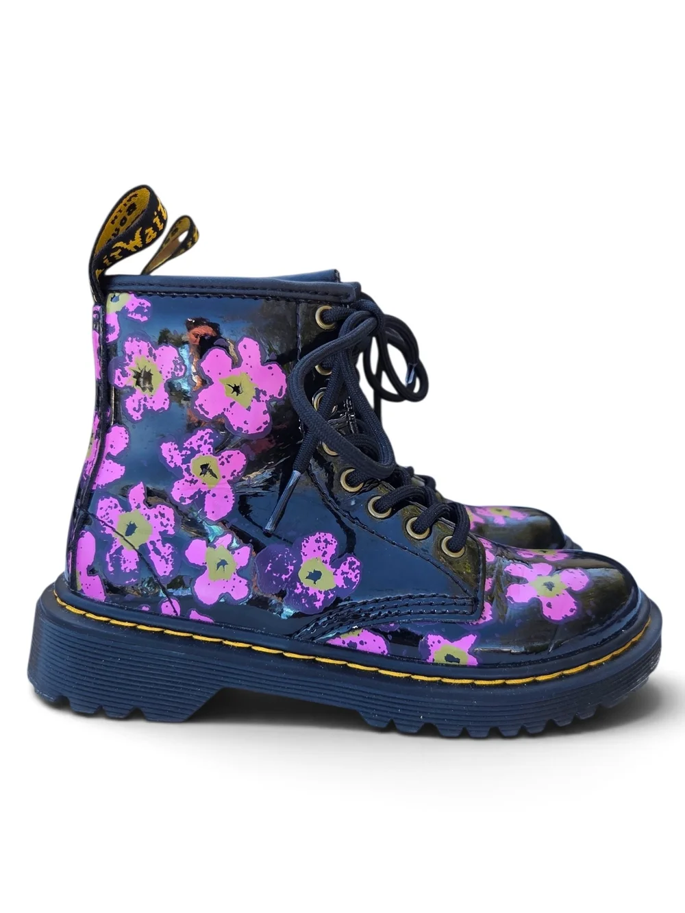 Dr. Martens 1460 J Floral Patent Leather Boots - Pink/Purple Flower Youth US 12
